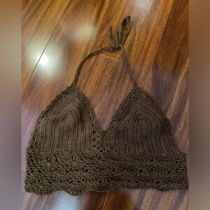 Dark Brown Crochet Crop Bralette Halter Top